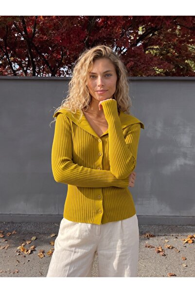 Juuuj Mustard Stretchy Knitwear Fabric Madonna Collar Buttoned Detailed Comfo...