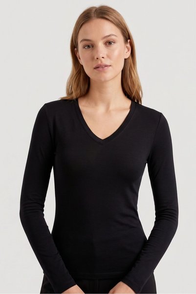 OBJE Women's Black Viscose Long Sleeve V-Neck Body