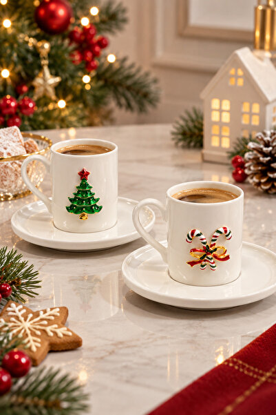 YzHome 2-Person Porcelain Christmas Coffee Cup Set with Metal Figures Gift 90ml