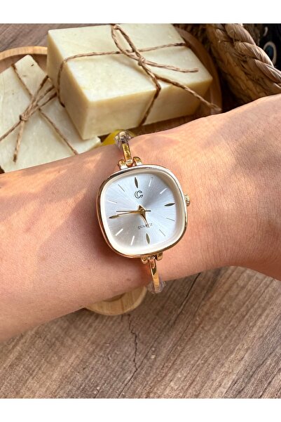 TD TRENDDURAGI Vintage Kare Gold İçi Beyaz Kadın Kol Saati
