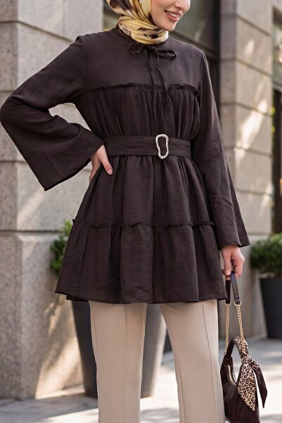 Modamorfo Spanish Sleeve Cupra Tunic with Lace-Up Collar and Buckle Belt - Da...