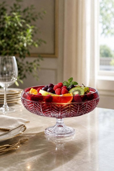 Kristal Market 28cm Kesme Kristal Paris Dekor Kırmızı Ayaklı Kase Milas Desen
