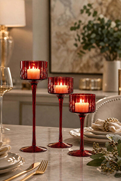 Kristal Market El Yapımı Kristal Damla Desen Dekoratif Mumluk Set 3'lü