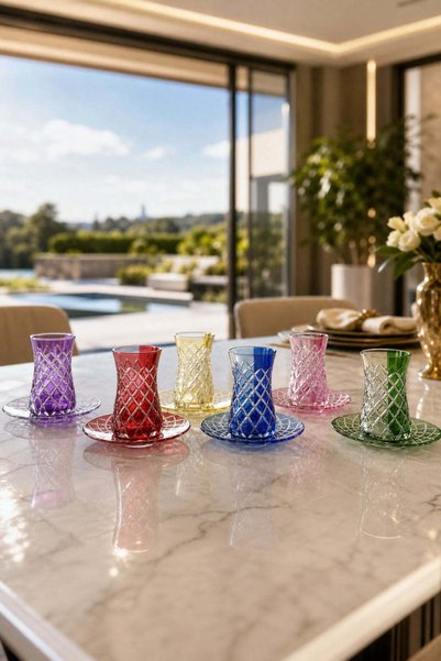 Kristal Market Handmade Crystal Split Double Pattern Tea Cup Set of 6