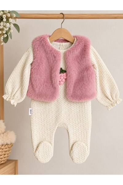 Baby Mii Kız Bebek Örgü Tulum Seti-Peluş Bolerolu Uzun Kollu