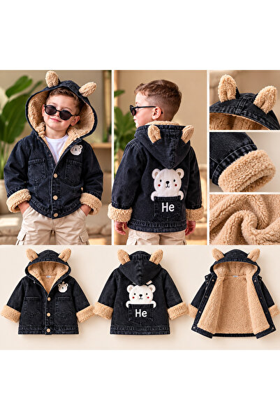 PAPİY KİDS Kürklü Kapüşonlu Çocuk Kot Mont Peluş Detaylı Jean Ceket