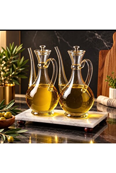 Kitchen Pembelia Mermer Standlı Borosilikat Cam 750 ml Yağdanlık Set 3’lü Yağ...