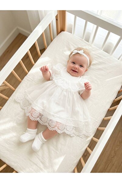 Miniday Baby Kız Bebek Mevlütlük Elbise Yazlık Bandanalı Dantelli Yeni Doğan ...