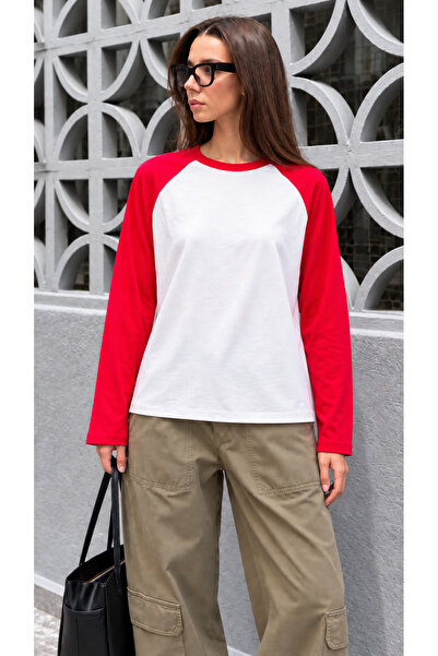 Eceora Kadın Kırmızı Beyaz Renk Bloklu Raglan Uzun Kol Pamuk T-Shirt E26-NM2670