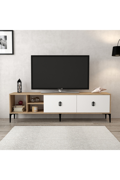Evmo Home 3804 Era Tv Ünitesi 180 Cm 2 Kapaklı Raflı Sepet - Beyaz Tv Sehpası