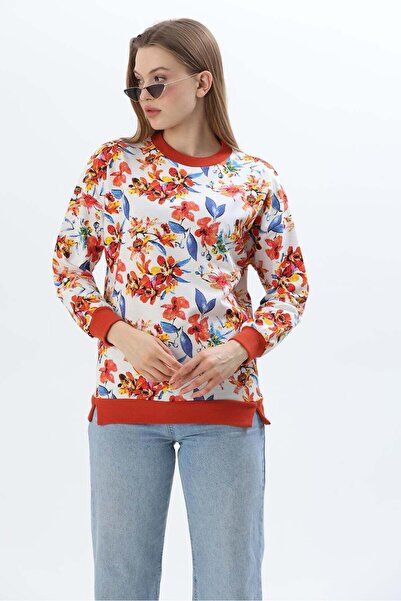 Juuuj Blue Orange Cotton Two-Thread Crew Neck Long Sleeve Floral Pattern Ribb...