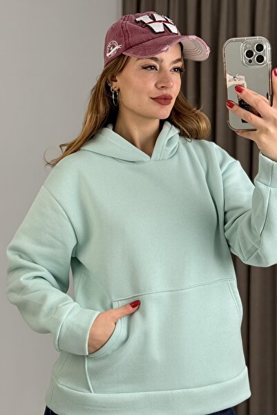 Juuuj Blue Three-Threaded Ribbed Stretch Fabric Hooded Sweatshirt with Kangar...