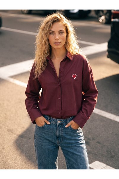 Juuuj Burgundy Cotton Blend Off-Shoulder Oversize Basic Buttoned Shirt with H...