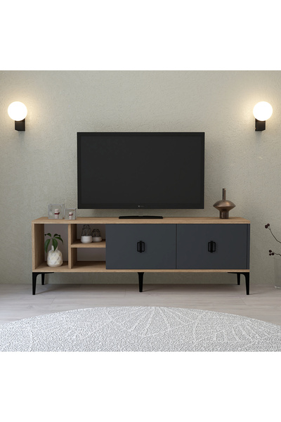 Evmo Home Era 150 Cm Tv Ünitesi 2 Kapaklı Açık Raflı Tv Sehpası Antrasit-Sepe...