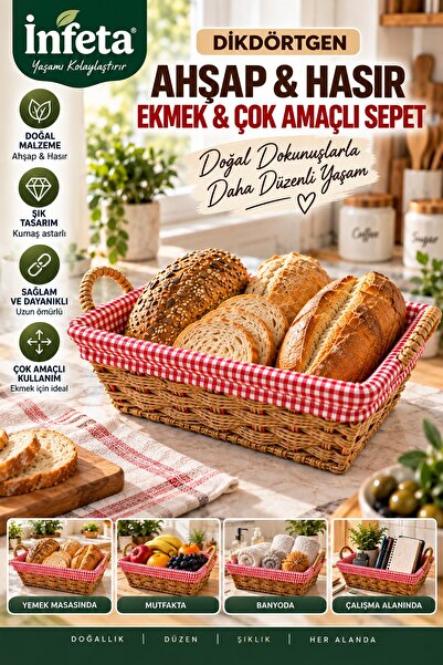 İnfeta Dikdörtgen Ahşap Hasır Ekmek Sepeti Kumaş Astarlı Kulplu Çok Amaçlı Su...