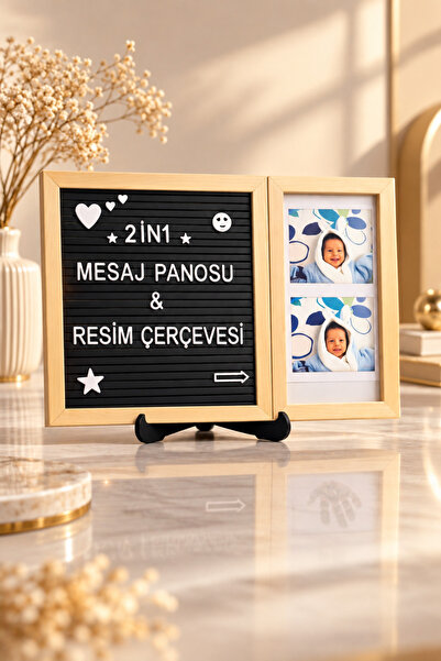 fikirstore 2in1 Ahşap Mesaj Panosu ve Resim Çerçevesi Tek Parça Siyah Zemin B...