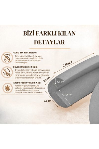 Evokids Ekstra Kalın Köşe Kenar Koruyucu (6 Metre Kenar + 4 Adet Köşe) Gri Kauçuk Masa Kenar Köşe Koruyucu