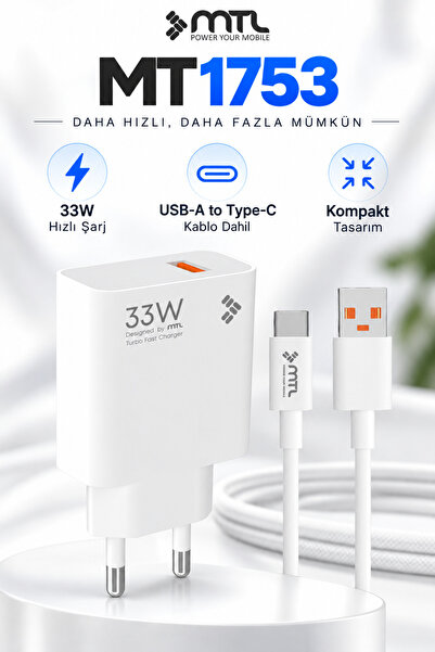MTL 33W Turbo Şarj Saniyeli USB Adaptör + USB Type-C Kablo Hızlı Şarj Seti MT...