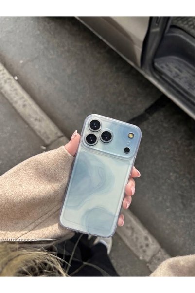 MUSSTECH Iphone 17 Pro Max Uyumlu Mavi Mermer Desenli Şeffaf iPhone Telefon K...