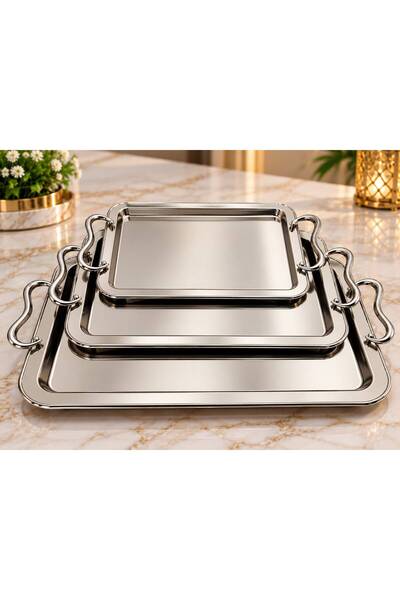 aljahwari 3-Piece Matte Silver Serving Tray Set Heavy 152131Mn