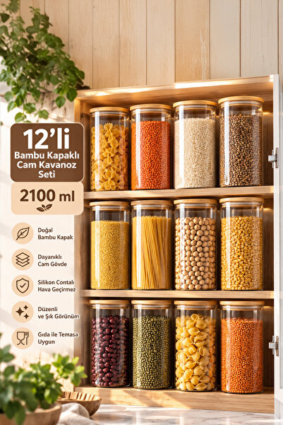 Porsima 4-4 Bambu Vakumlu Kapaklı Yuvarlak Borosilikat Cam 12li Kavanoz Seti ...