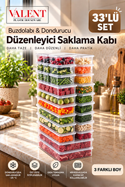 VALENT Fresh 33'lü Sızdırmaz Erzak Saklama Kabı 3000ml X3 1400ml X12 300ml X1...