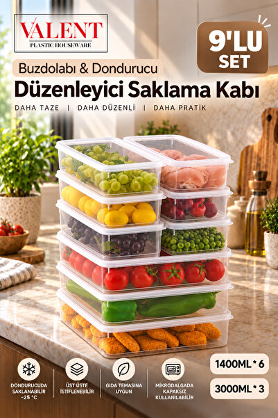 VALENT Fresh 9'lu Set Sızdırmaz Saklama Kabı 3 adet 3000ml 6 adet 1400ml - Şe...