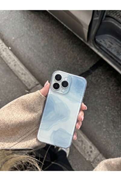 MUSSTECH Iphone 14 Pro Max Uyumlu Mavi Mermer Desenli Şeffaf iPhone Telefon K...