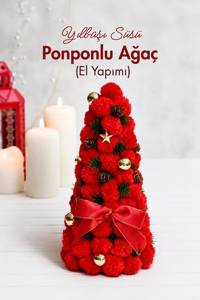 Bimotif Kırmızı Ponponlu Minyatür Yılbaşı Çam Ağacı, 27 Cm