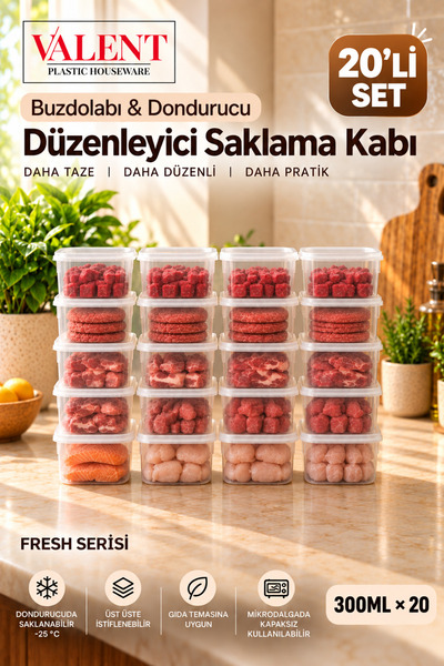 VALENT Fresh 20'li 300ml Sızdırmaz Erzak Saklama Kabı Buzluk ve Buzdolabı Düz...