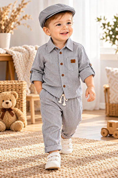 Bebelul Set elegant copii pentru baieti camasa pantaloni si palarie bumbac gri