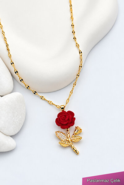 THE Steel Kadın Gold Kırmızı Gül Kolye Zirkon Taşlı Romantik Çelik Kolye