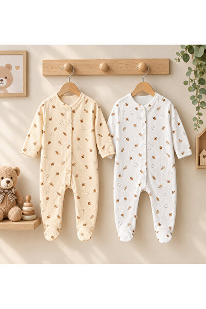 DEFNE LİNA BABY Yenidoğan Erkek Bebek %100 Pamuklu Desenli Patikli 2'li Tulum...