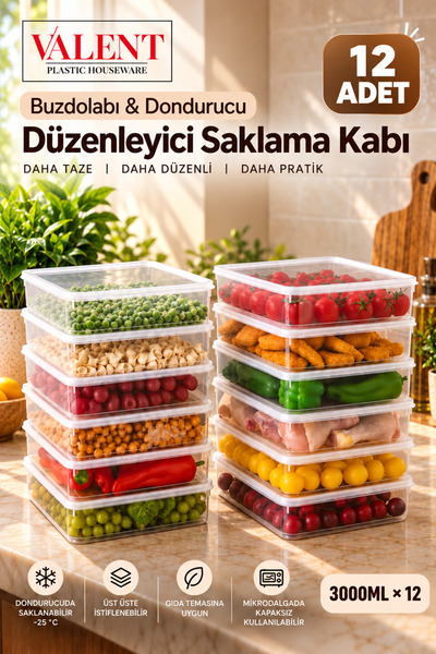 VALENT Fresh 12'li 3 Litre Sızdırmaz Erzak Saklama Kabı Seti - Şeffaf - Buzdo...