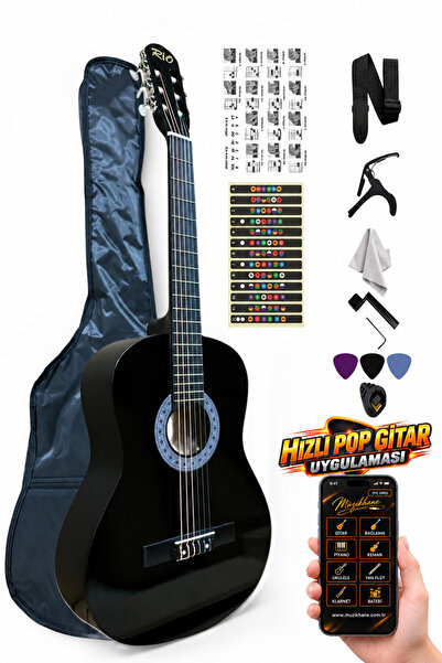 müzikhane Siyah Klasik Gitar 3/4 7 14 Yaş Kılıf Pena Kapo Sticker Askı Burgu ...