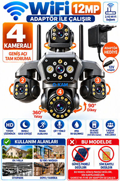 TRCharger 4 Kameralı 8MP WiFi Full HD 4K PTZ Gece Görüş Çift Yönlü Ses Uzak İ...