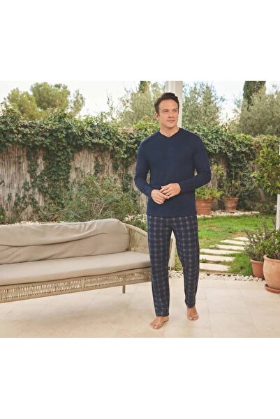 Pijamoni Men's Combed Cotton Fabric Buttoned Collar Navy Blue Pajama Set