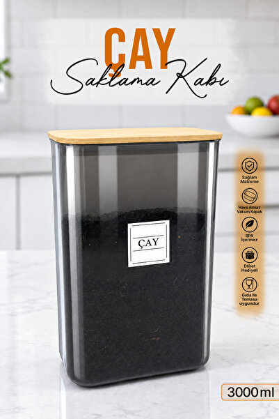 naturelove Ahşap Vakumlu Kapaklı Çay Saklama Kutusu Kavanozu 3000 ML Akrilik