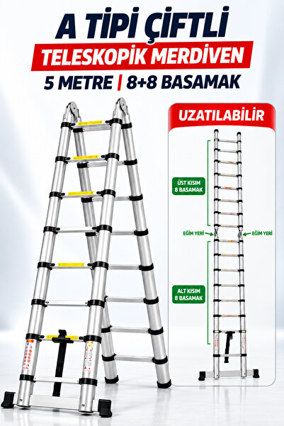 Badem10 8+8 16 Basamak 5 Metre A Tipi Teleskopik Portatif Merdiven Uzayan Kır...