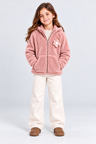 AHENGİM Girl's Hooded Zippered Plush Cardigan Coat with Floral Detail and Poc...