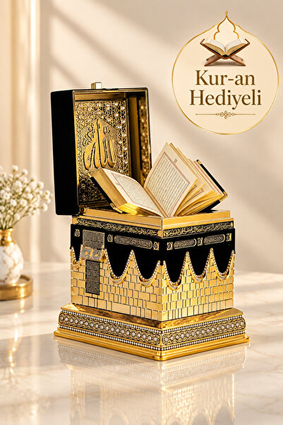 Güncel Vitrin Kabe Maketi Kur'an-ı Kerim Hediyeli Biblo Zirkon Taşlı Kuran Ka...