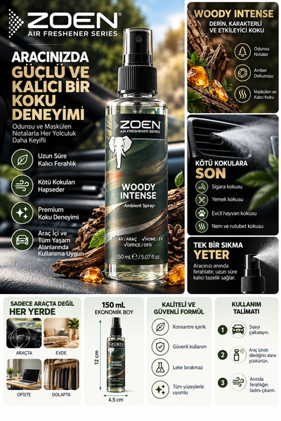 Woody Intense Araç İçi Koku 150 ml | Odunsu Oto Kokusu | Araba İçi Sprey Parfüm | Ambient Spray