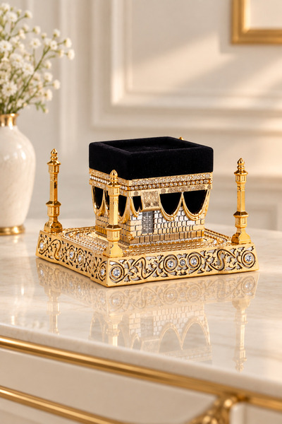 Güncel Vitrin Zirkon Taşlı Gold Dört Köşe Kuleli Kabe 12 cm