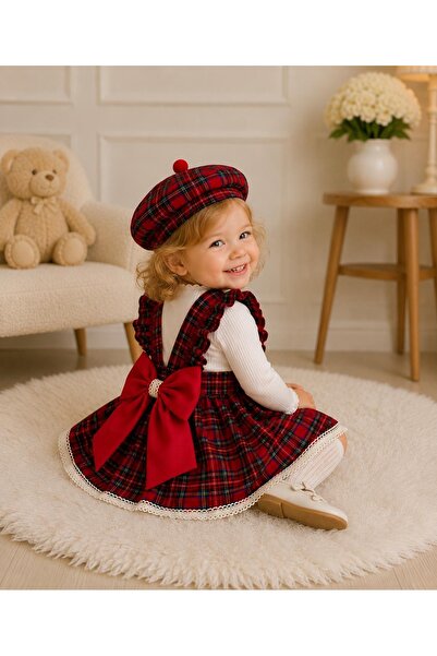 Moda Lina Kız Bebek Dantelli Kırmızı Ekose Elbise Bandana Şapka Set