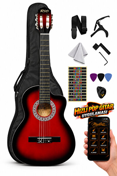 Rio Kırmızı Klasik Gitar Kesik Kasa Sap Ayarlı 4/4 Tam Boy Kılıf Kapo Pena ve...
