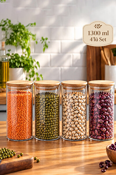 Porsima 417 4lü 1300 ml Bambu Vakumlu Kapaklı Cam Kavanoz Seti Saklama Kabı 1...