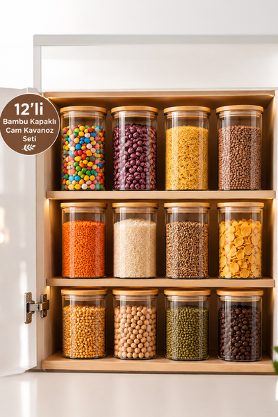 Porsima 2-4 Bamboo Vacuum Lids Round Borosilicate Glass 12-Piece Jar Set Stor...