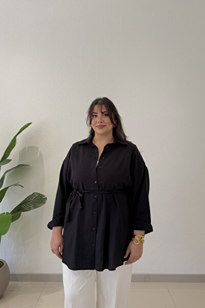 CHUL Büyük Beden Kadın İnce Gabardin Keten Kemerli Oversize Gömlek - Siyah
