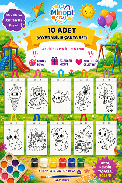 Minopi 10 Adet Boyanabilir Bez Çanta Seti 30x40 cm – 6 Renk Akrilik Boya ve F...