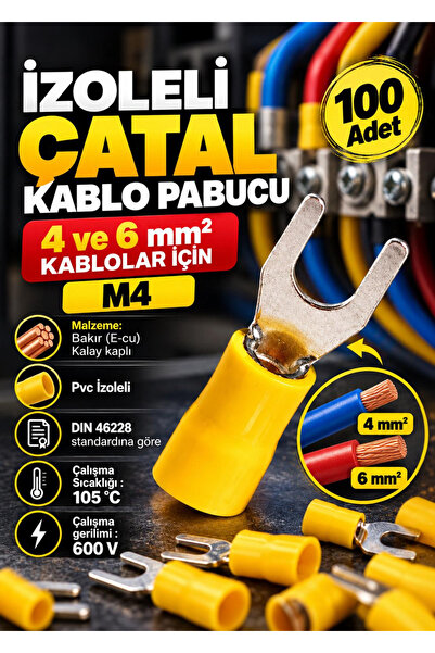Nexo İzoleli Çatal Kablo Pabucu 4x6 mm² M4 Sarı (100 ADET)
